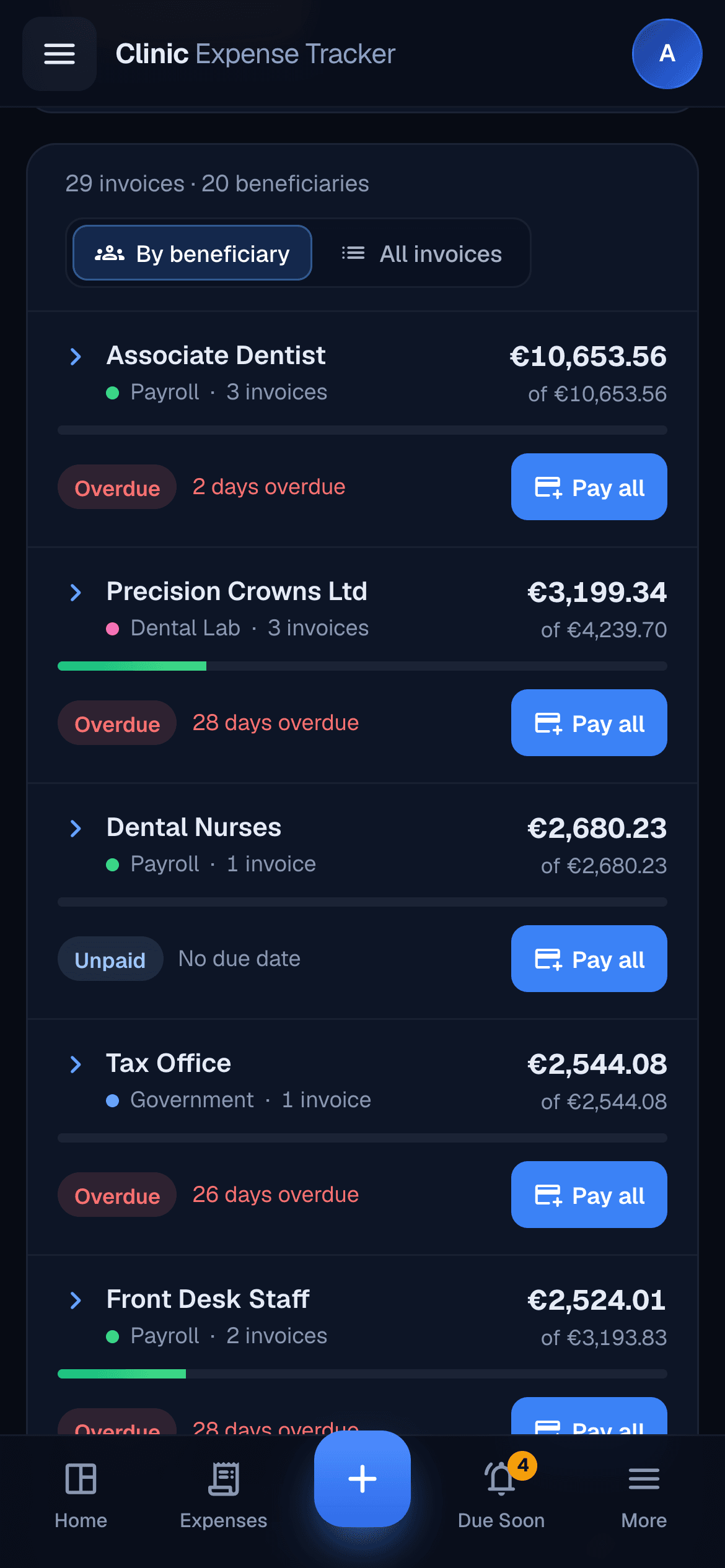 Unpaid on a phone, grouped by supplier, with the amount owed, overdue days and a Pay all button