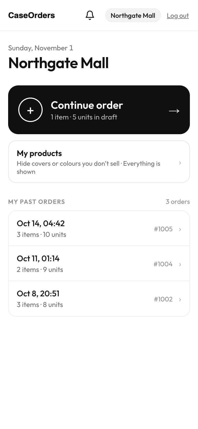 A store's home screen on a phone: continue the draft order, My products, and past orders