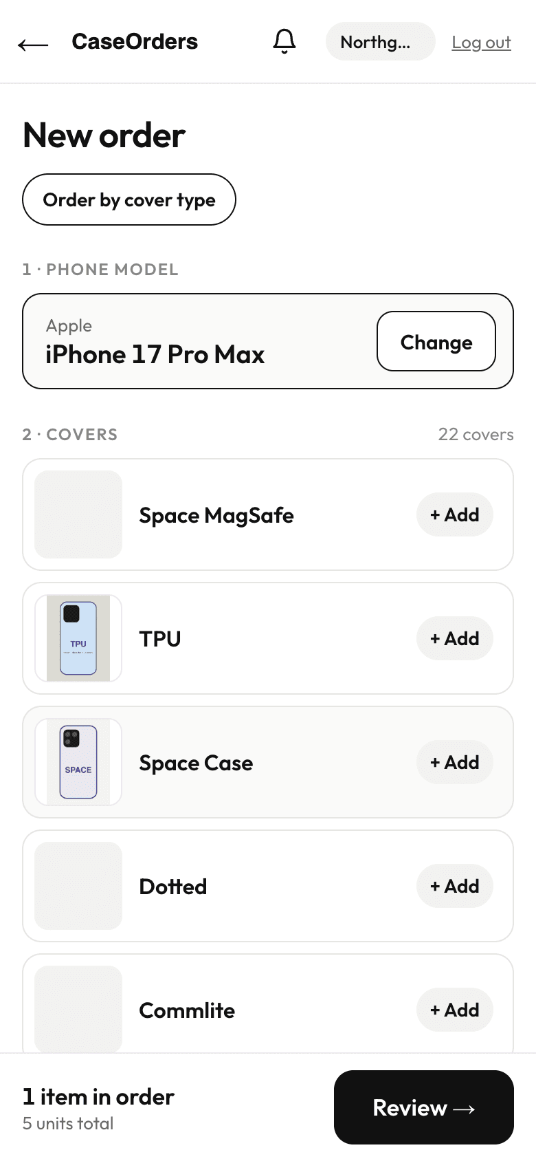 Placing an order on a phone: a phone model is picked, with the covers that fit it below