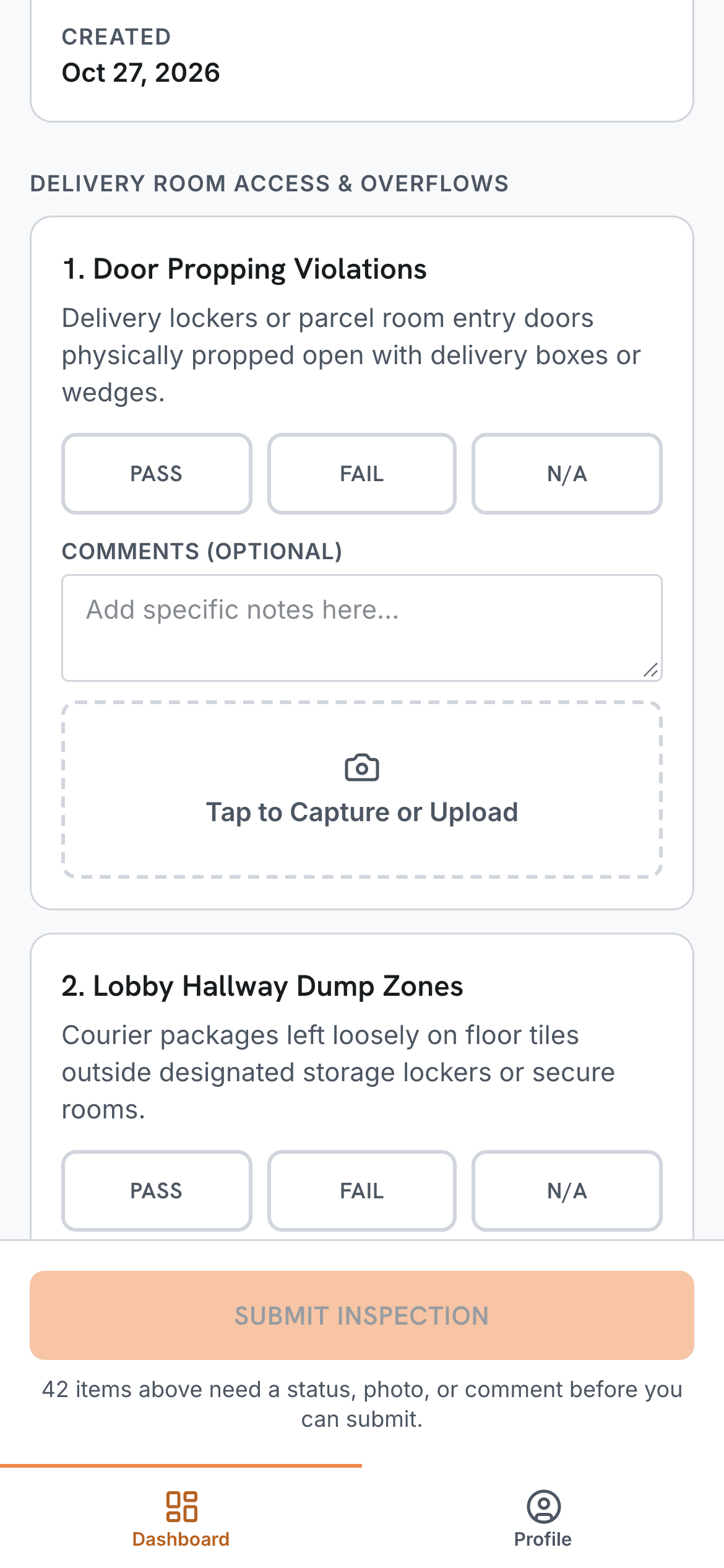 A checklist item on a phone with Pass, Fail and N/A buttons, a comment box and a photo capture area