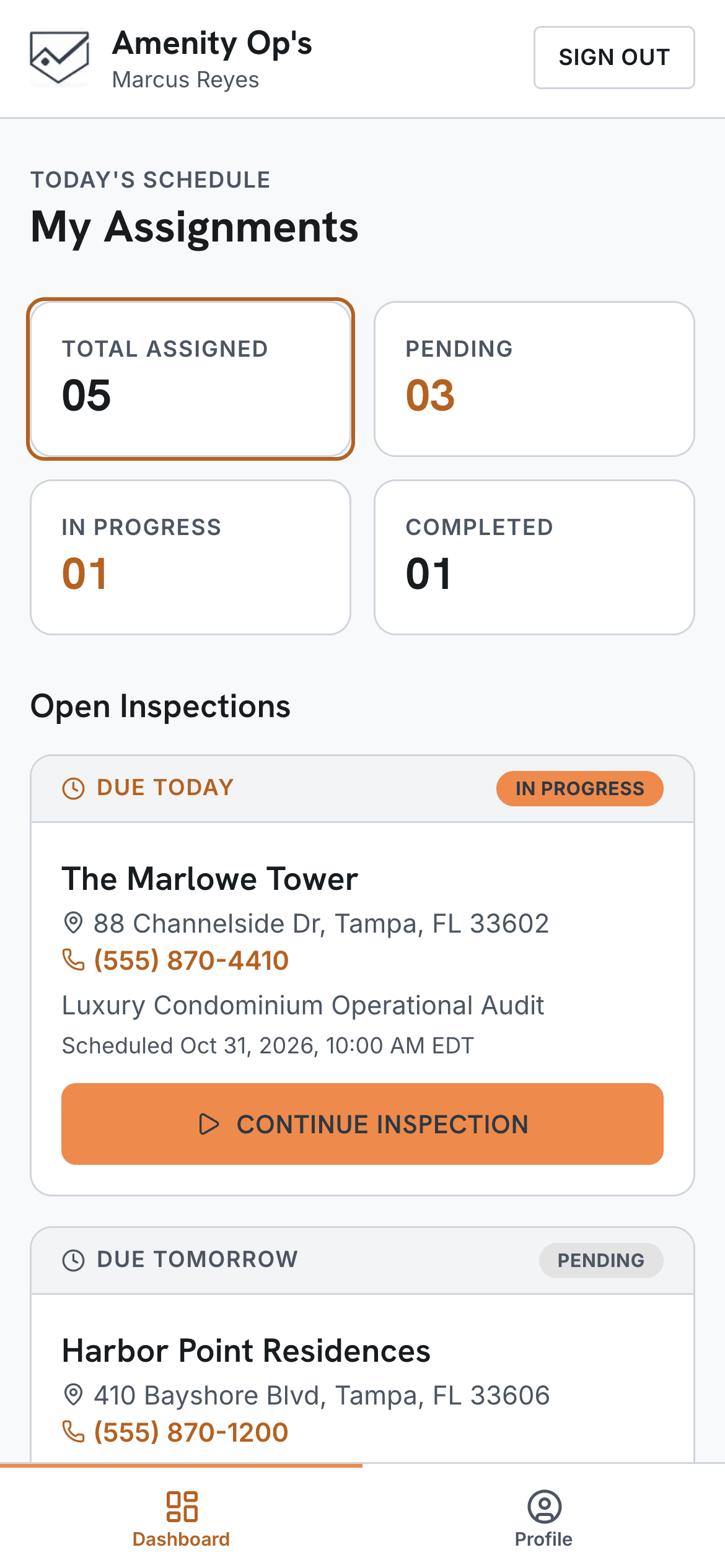 A specialist's assignments on a phone: counts by status and the next inspection due today, with a Continue Inspection button