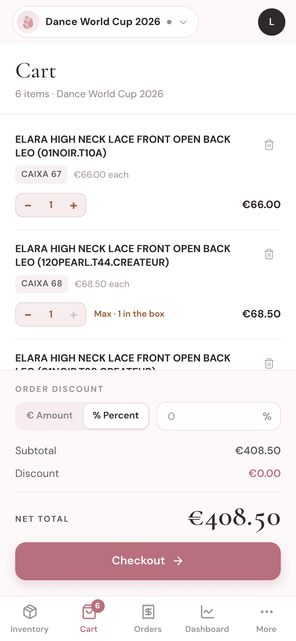 A cart on a phone with box numbers, a stock limit warning, an order discount and the net total