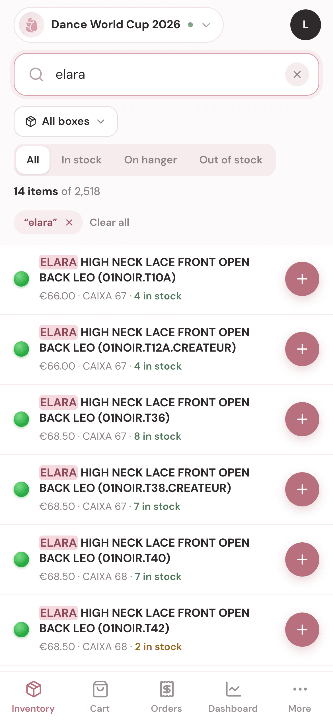 Searching the stock list on a phone, with price, box and stock level for each item