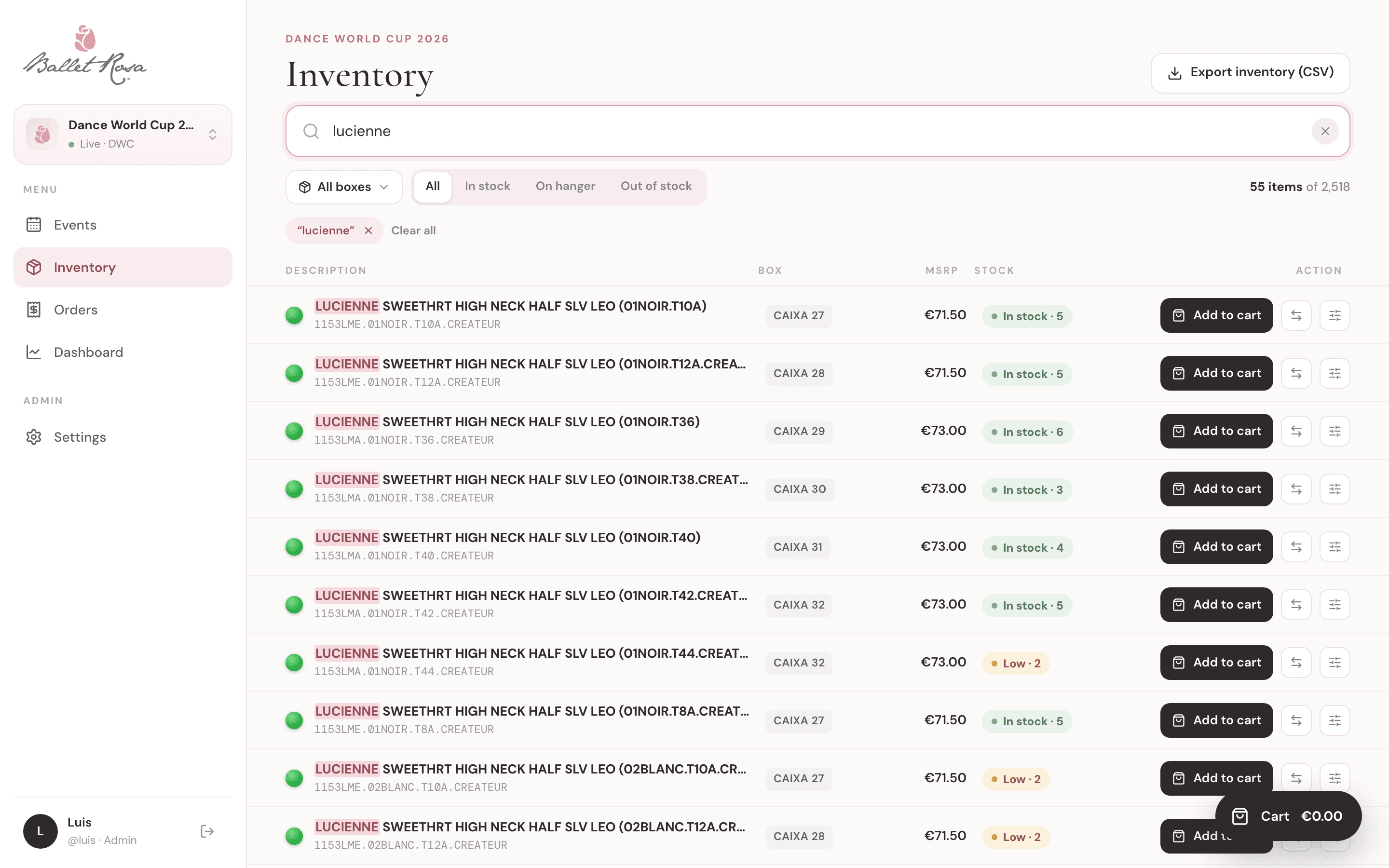The stock list on desktop, filtered by a search, showing box, price and stock level for each item
