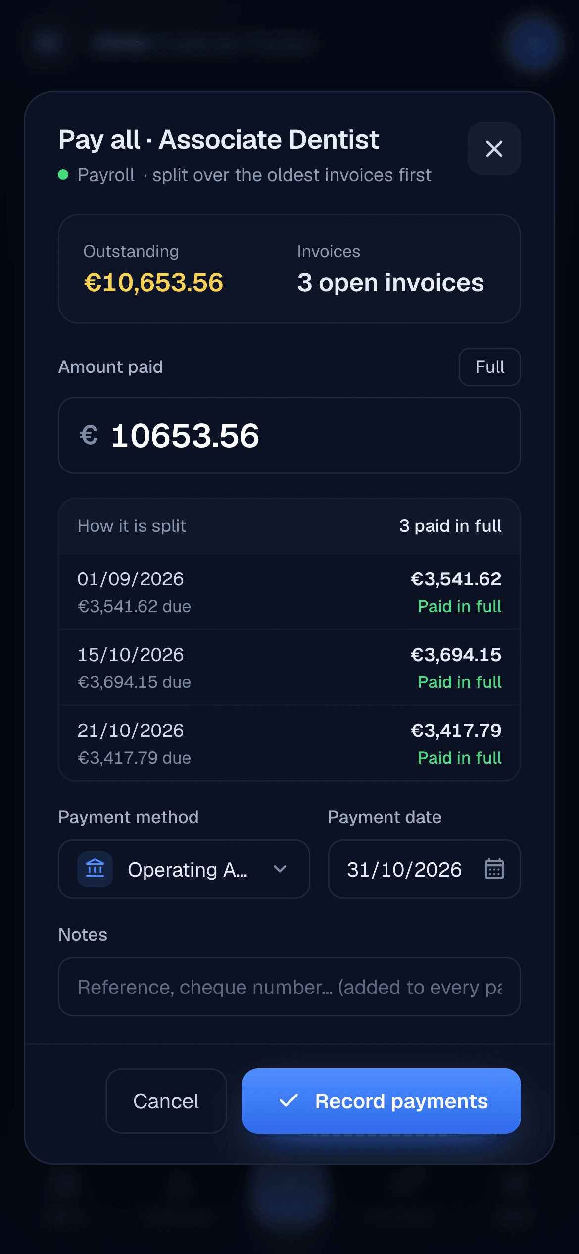 Pay all on a phone: one amount split over three open invoices, oldest first, each marked paid in full