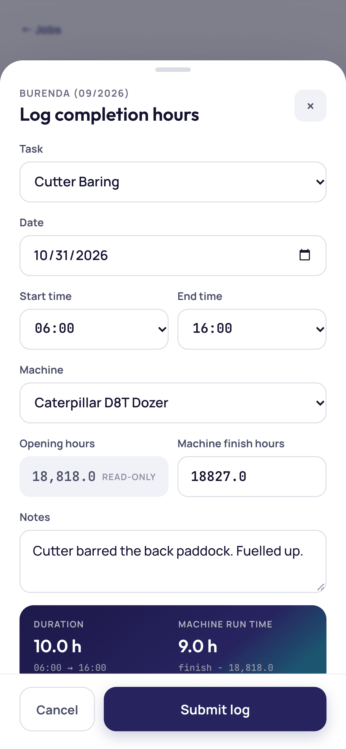 The log hours form on a phone, showing duration and machine run time worked out automatically