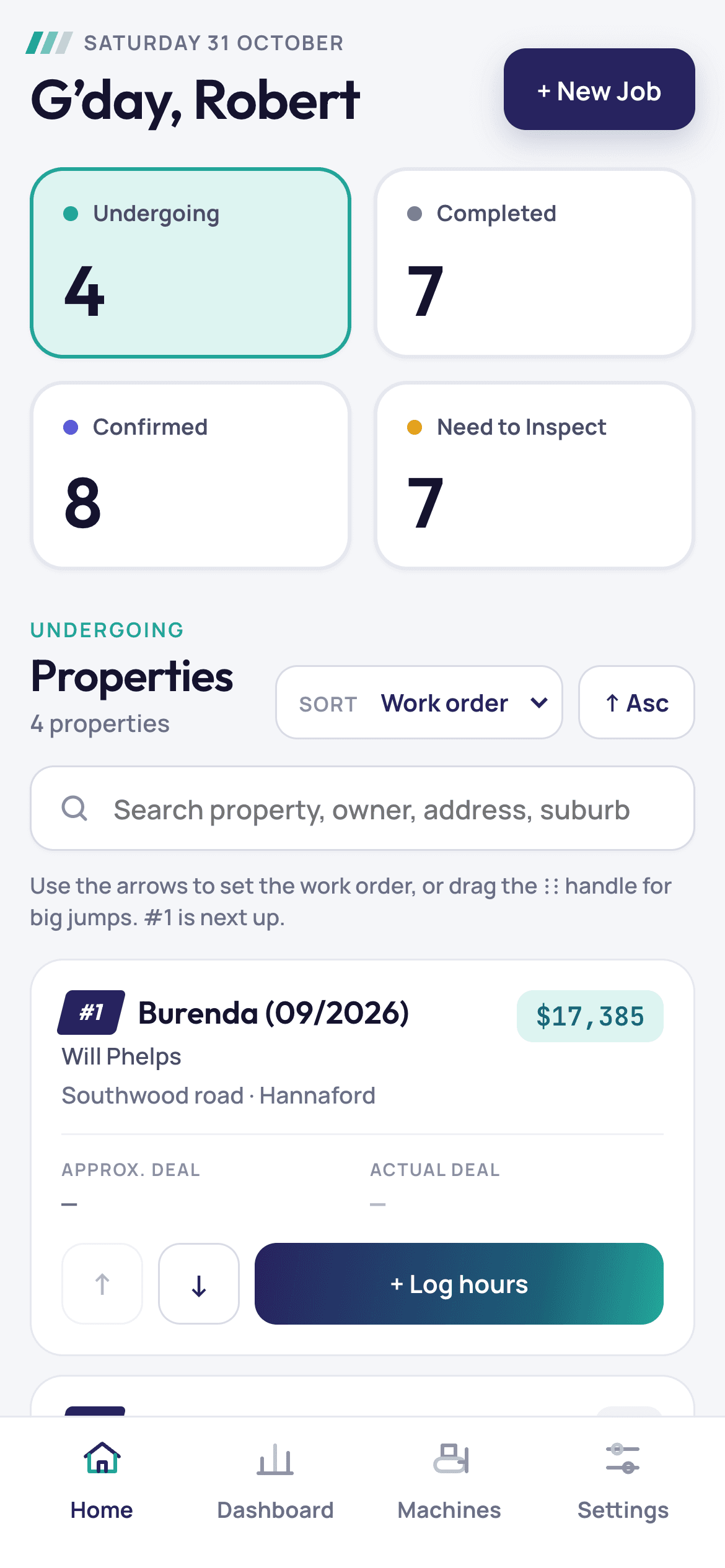 The jobs screen on a phone: counts by status and the next job in the work order