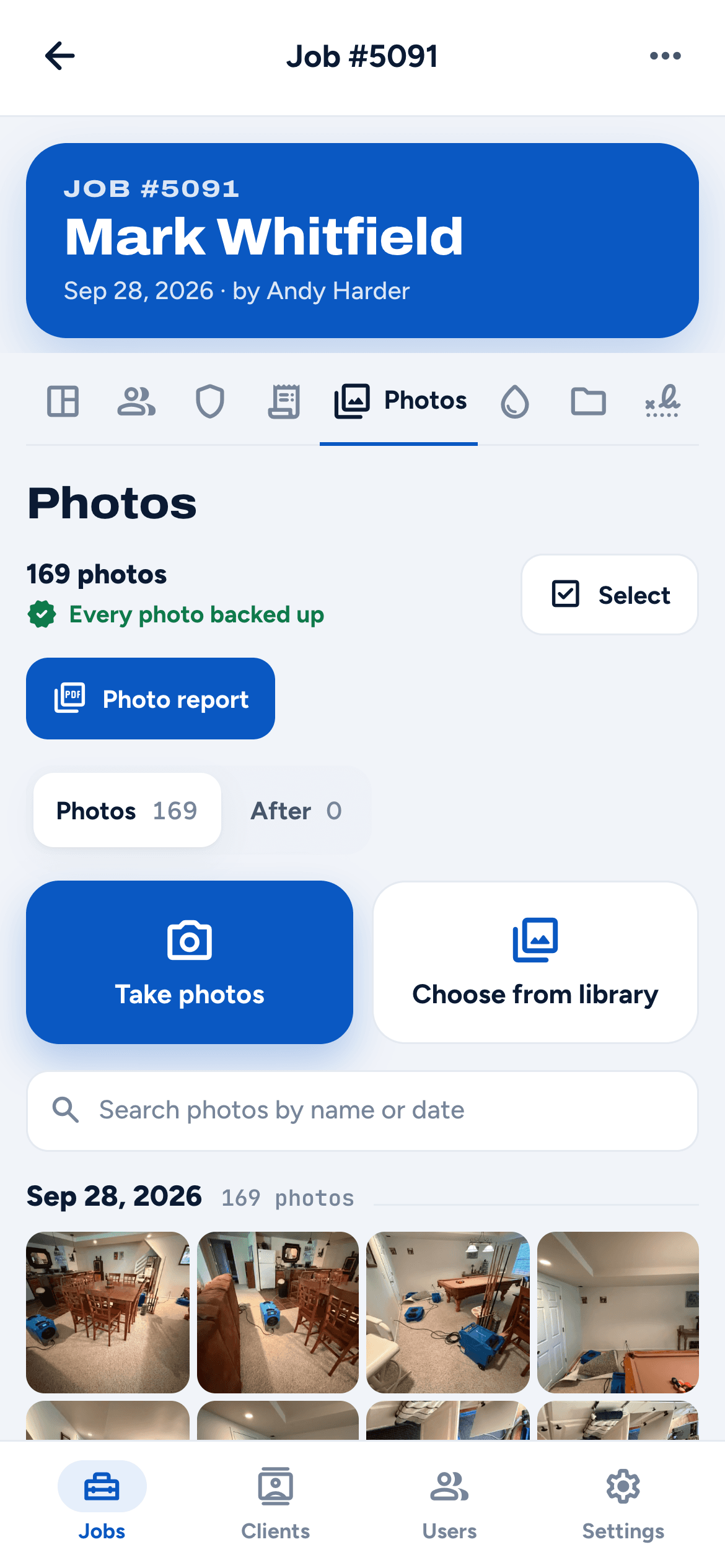 A job's Photos tab on a phone: 169 photos, all backed up, with Take photos and Photo report buttons