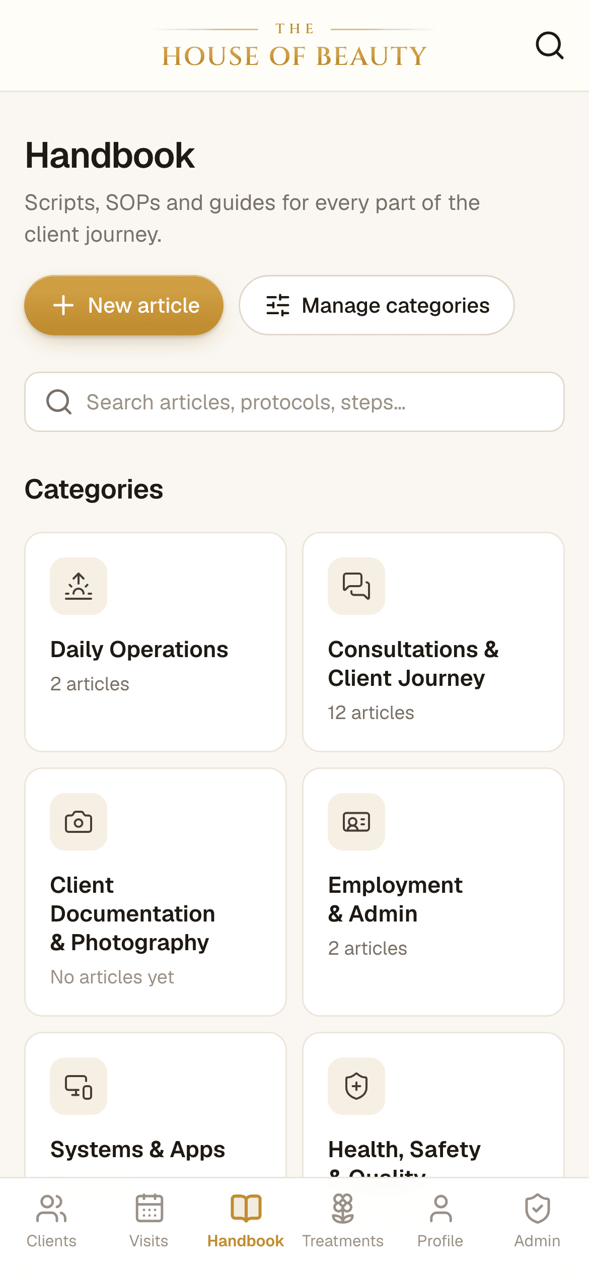 The staff handbook on a phone: search box and category cards such as Daily Operations and Consultations & Client Journey