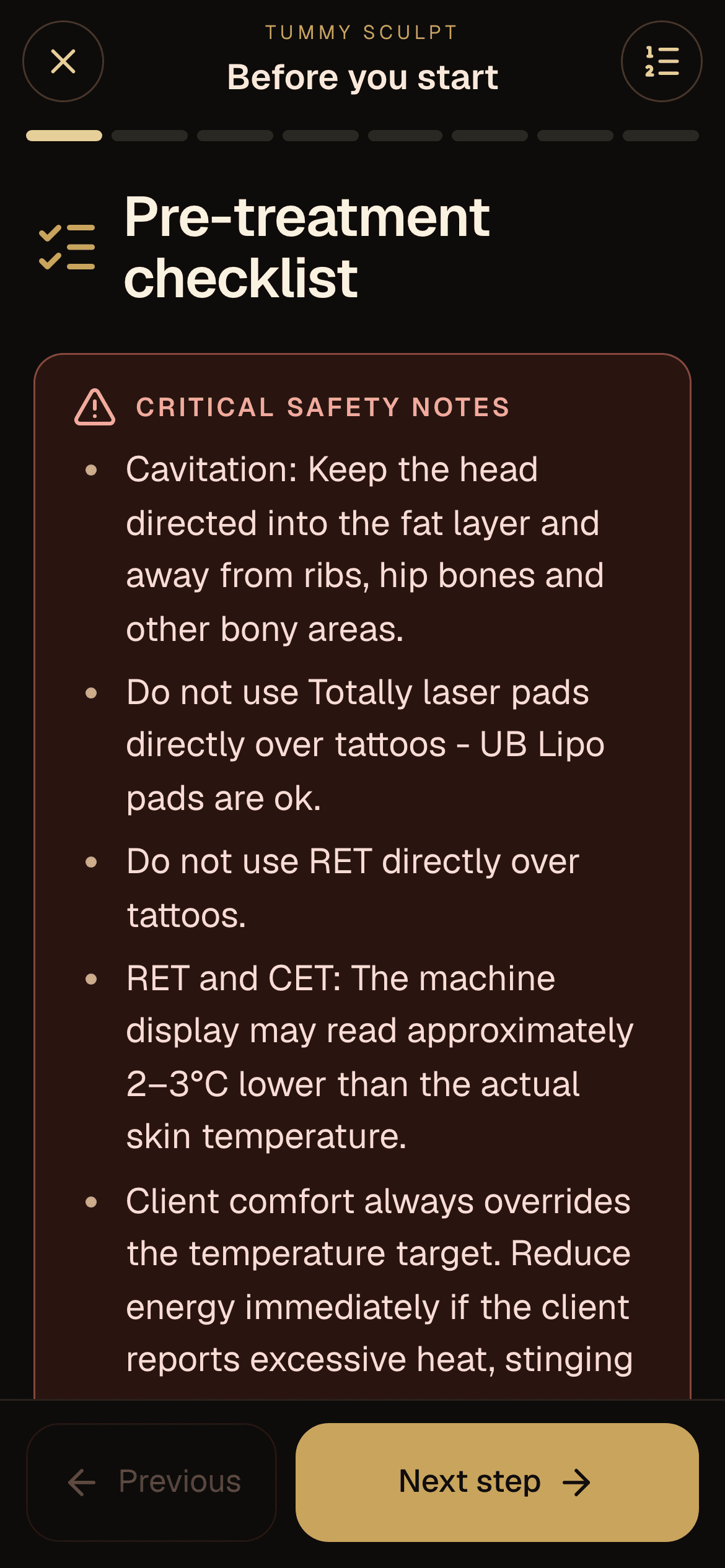 Step mode on a phone: the pre-treatment checklist and critical safety notes, with Previous and Next step buttons