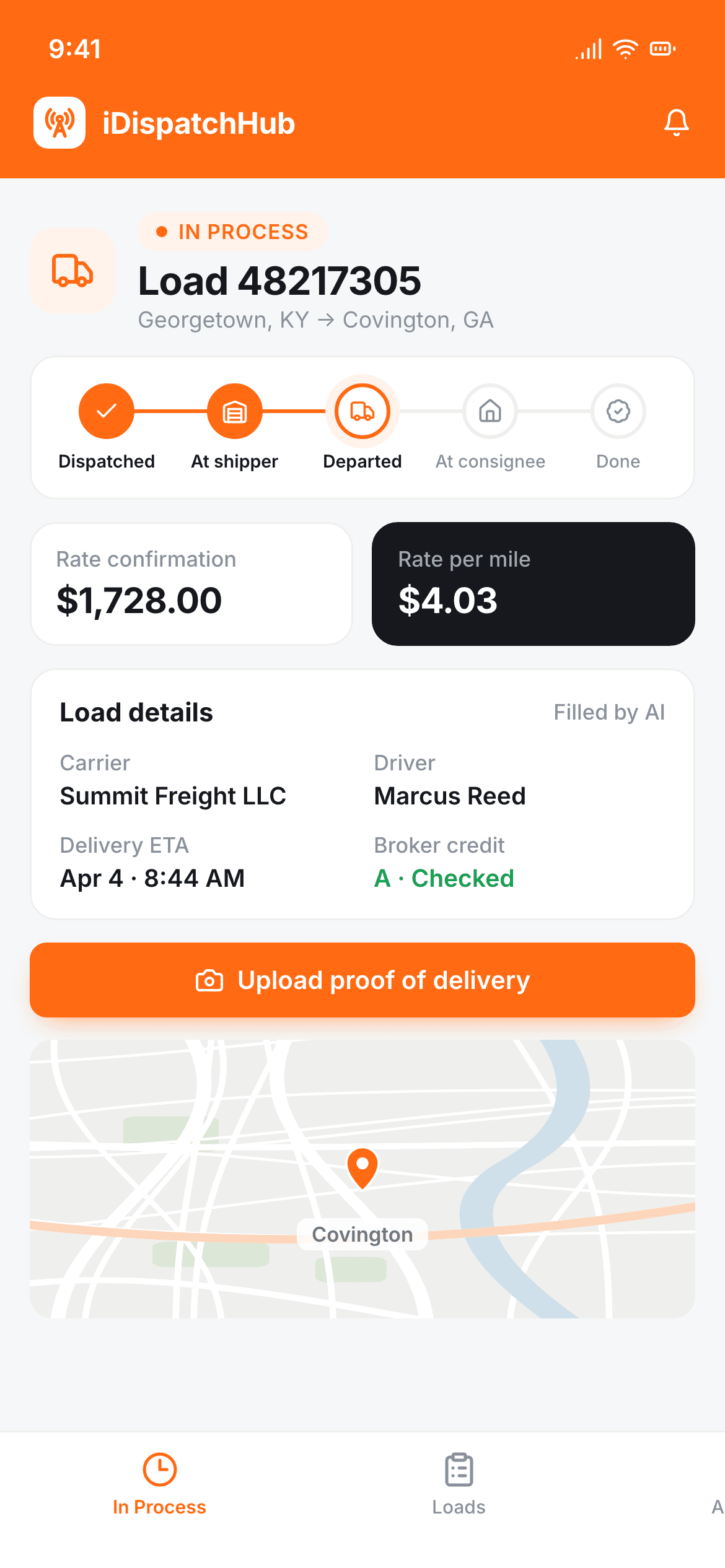 A load on a driver's phone: status steps, rate, details and a one-tap proof-of-delivery upload