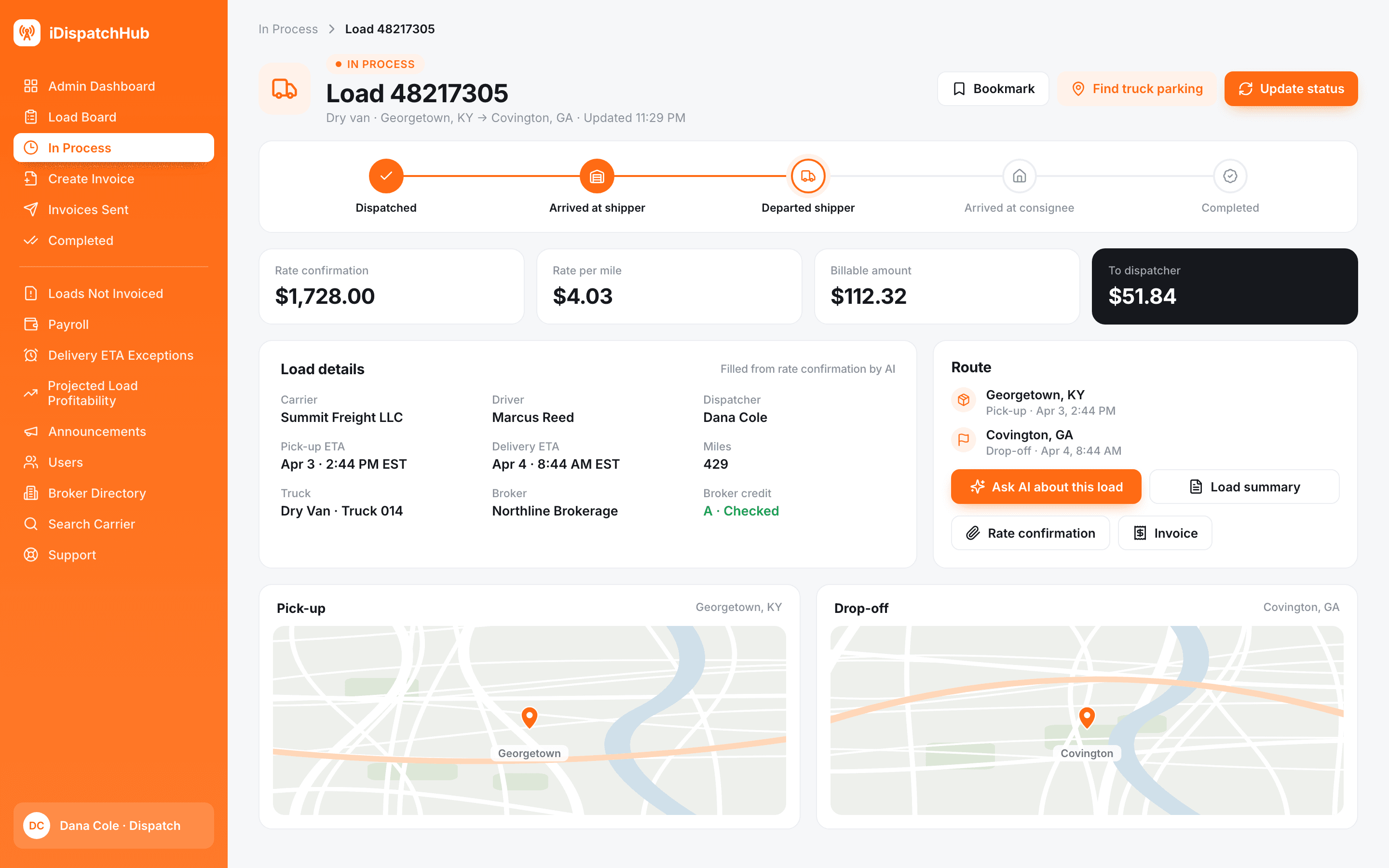 A load in progress on desktop: the delivery status steps, rate and pay figures, load details filled in by AI, the route and the pick-up and drop-off maps